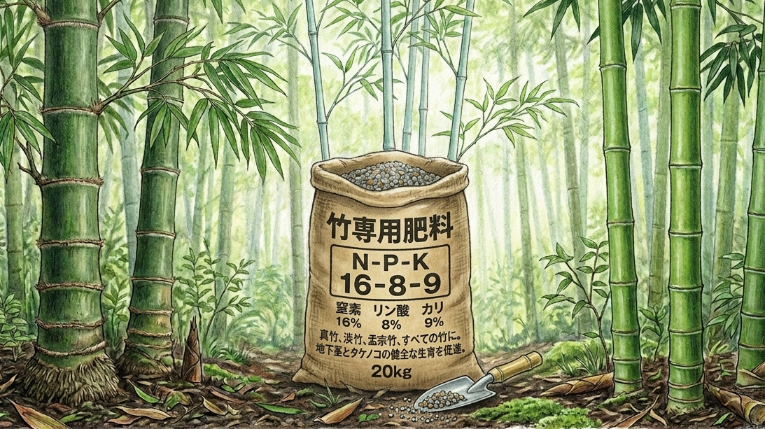 たけのこ専用肥料の20kg袋（NPK 16-8-9：窪素16％ リン鄗8％ カリ9％）と移植ごてが竹林に置かれているイラスト。地下茎とタケノコの健全な生育を促進する肥料の説明イメージ。