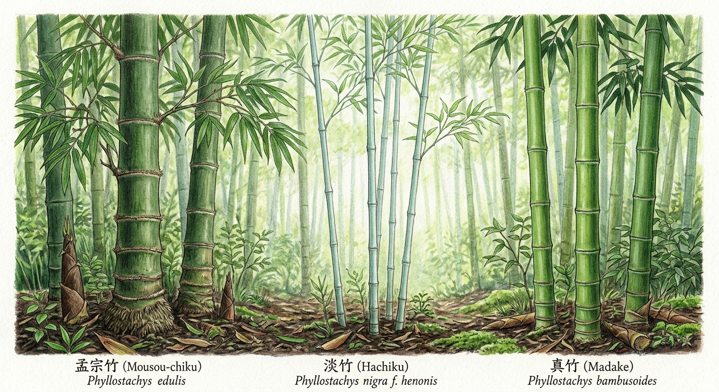 孟宗竹（Mousou-chiku, Phyllostachys edulis）、淡竹（Hachiku, Phyllostachys nigra f. henonis）、真竹（Madake, Phyllostachys bambusoides）の3種類を並べて比較した竹林イラスト